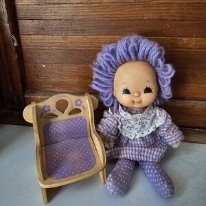 Vintage 1980s Purple Plush Doll with Dress And Chair
